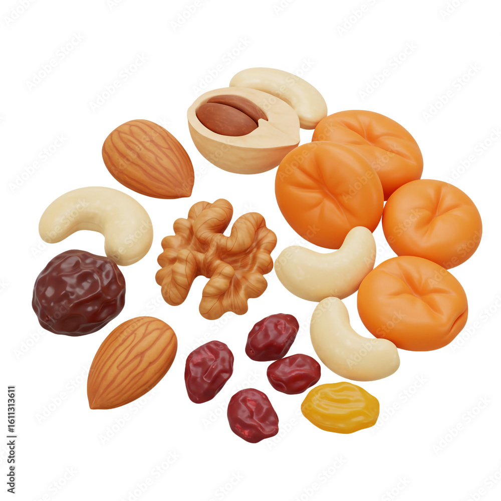Poster a colorful assortment of various nuts and dried fruits arranged in a circular composition ready for 