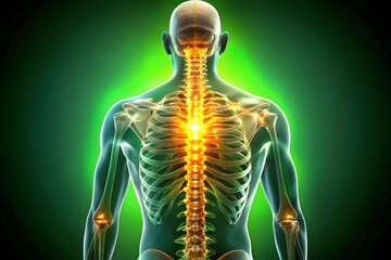 Human spine and rib cage glowing with pain in the back