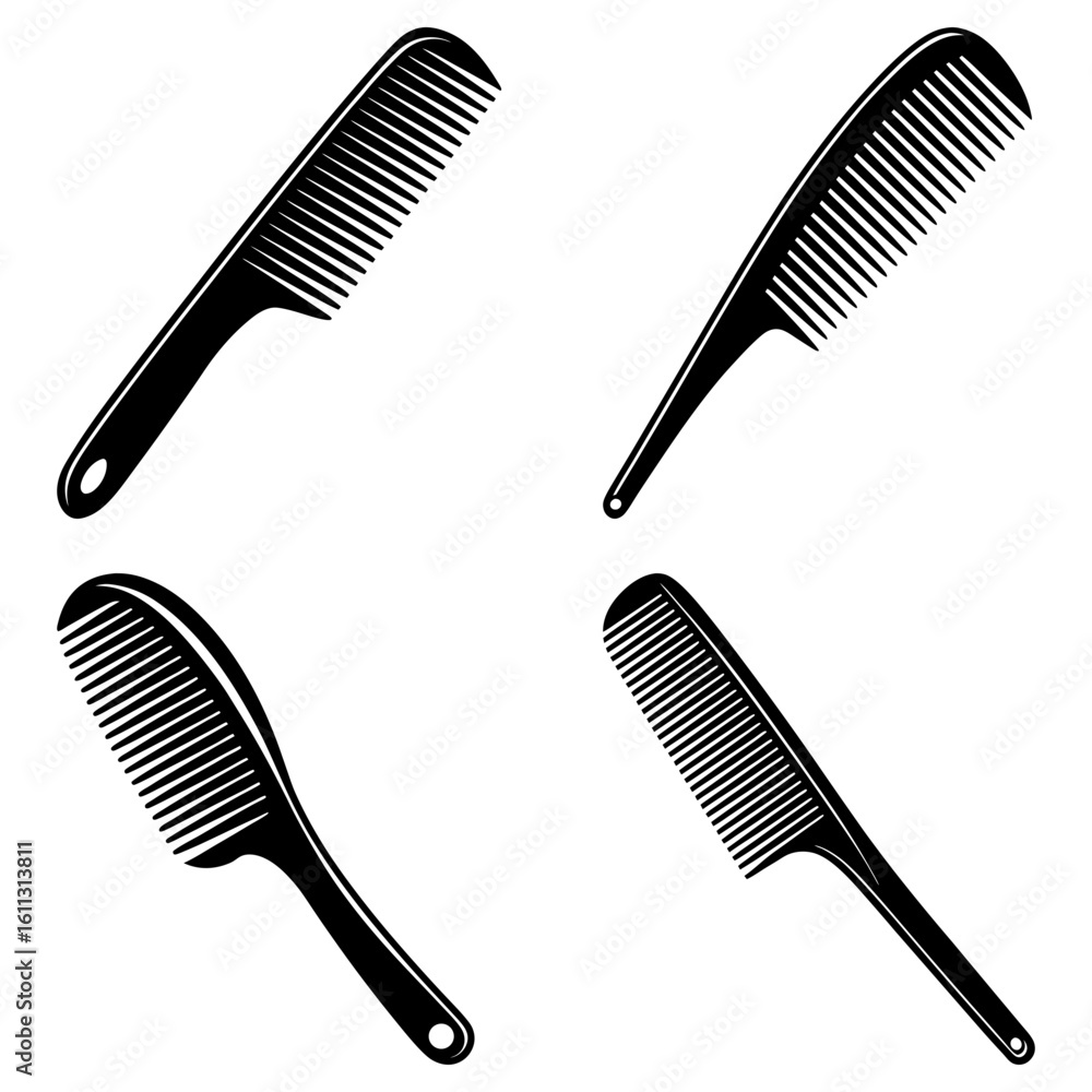 Aufkleber four black combs with different shapes and handles arranged in a square pattern on a white backgroun