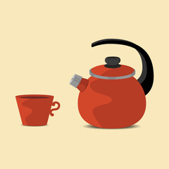 Red teapot and cup. Warm drink.