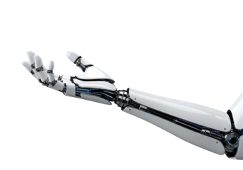 Futuristic robotic arm with an open palm gesture, white cyborg hand. Isolated on transparent background, png