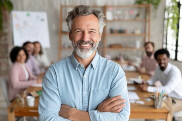Obraz premium A confident middle-aged man smiles with arms crossed in a modern office, with a diverse team collaborating in the background.