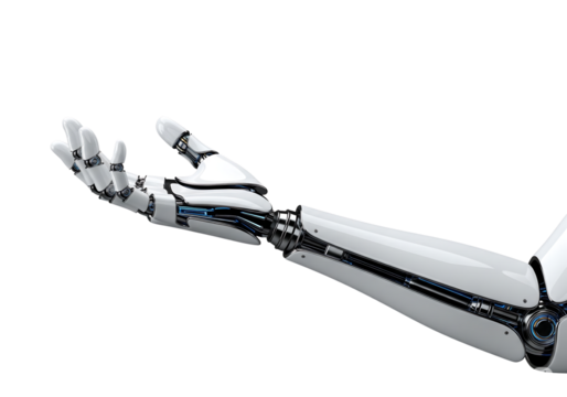 Futuristic robotic arm with an open palm gesture, white cyborg hand. Isolated on transparent background, png