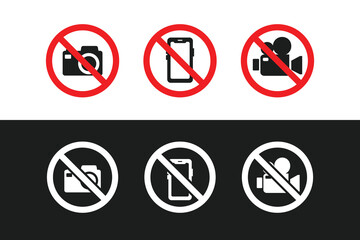 No Photographing prohibition sign symbol icon. Video, photo, phone, prohibited logo pictogram. Vector illustration. Isolated on black and white background.