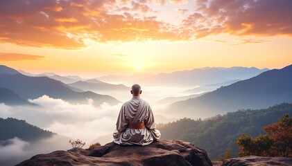 A man in a red jacket sits on a rocky mountain peak, gazing at the breathtaking valley below, surrounded by lush greenery and distant snow-capped peaks.