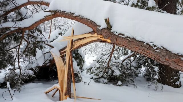 Broken pine tree branches covered in snow, aftermath of a winter storm.