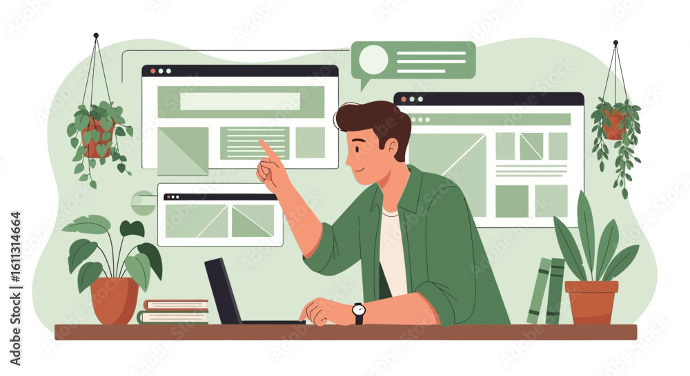 Poster creative man web designer working with layouts on a laptop
