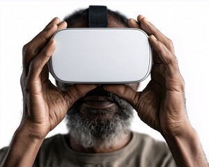 Immersive Reality: An adult man wears a VR headset, experiencing a new digital world through cutting-edge technology. Capturing the essence of virtual exploration and the potential of innovation.