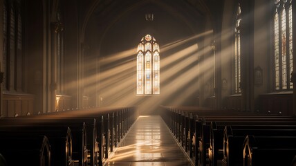 Dimly lit church aisle with sunbeams streaming through stained glass window interior religion