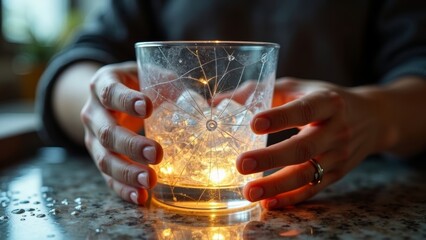 Holding glowing glass cups with both hands