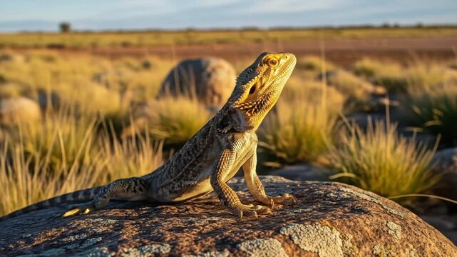 A bearded dragon basks in the golden light of the setting sun on a rock in a dry, grassy landscape.