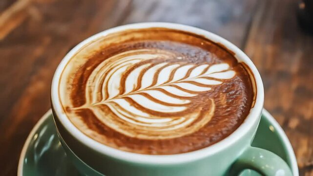 A close-up of a cup of cappuccino with beautiful rosetta latte art, served in a green ceramic mug on a wooden table