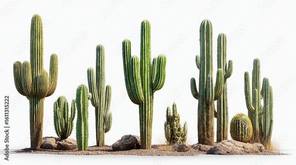 Poster a collection of various sizes and shapes of cacti against a white background view