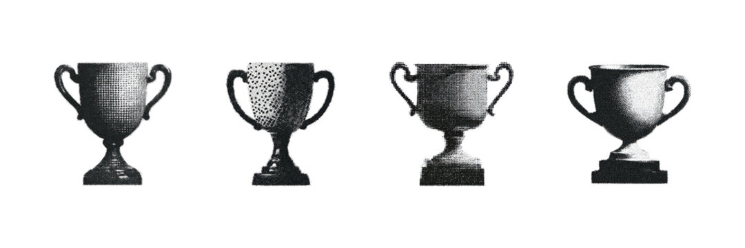 Vintage Trophy Cup Illustrations Set. Award Symbols In Retro Halftone Collection Illustration Isolated On Transparent Background