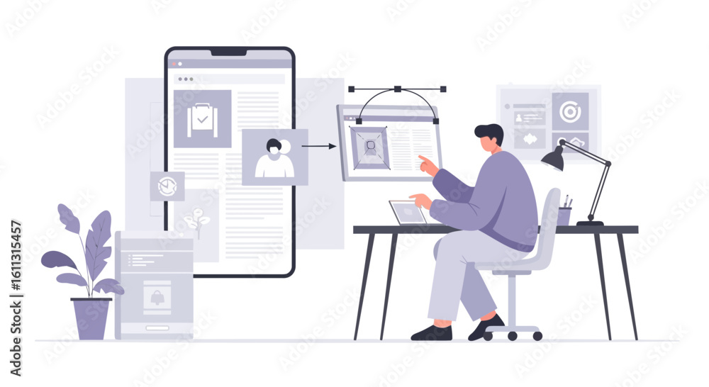 Poster web design with developer creating content on digital platforms