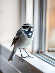 Selective focus of bird in its natural habitat perched on the window, The White wagtail (Witte kwikstaart) is a small passerine bird in the family Motacillidae which also includes pipits and longclaws