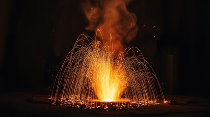 Fiery fountain of sparks erupting against a dark background fire explosion
