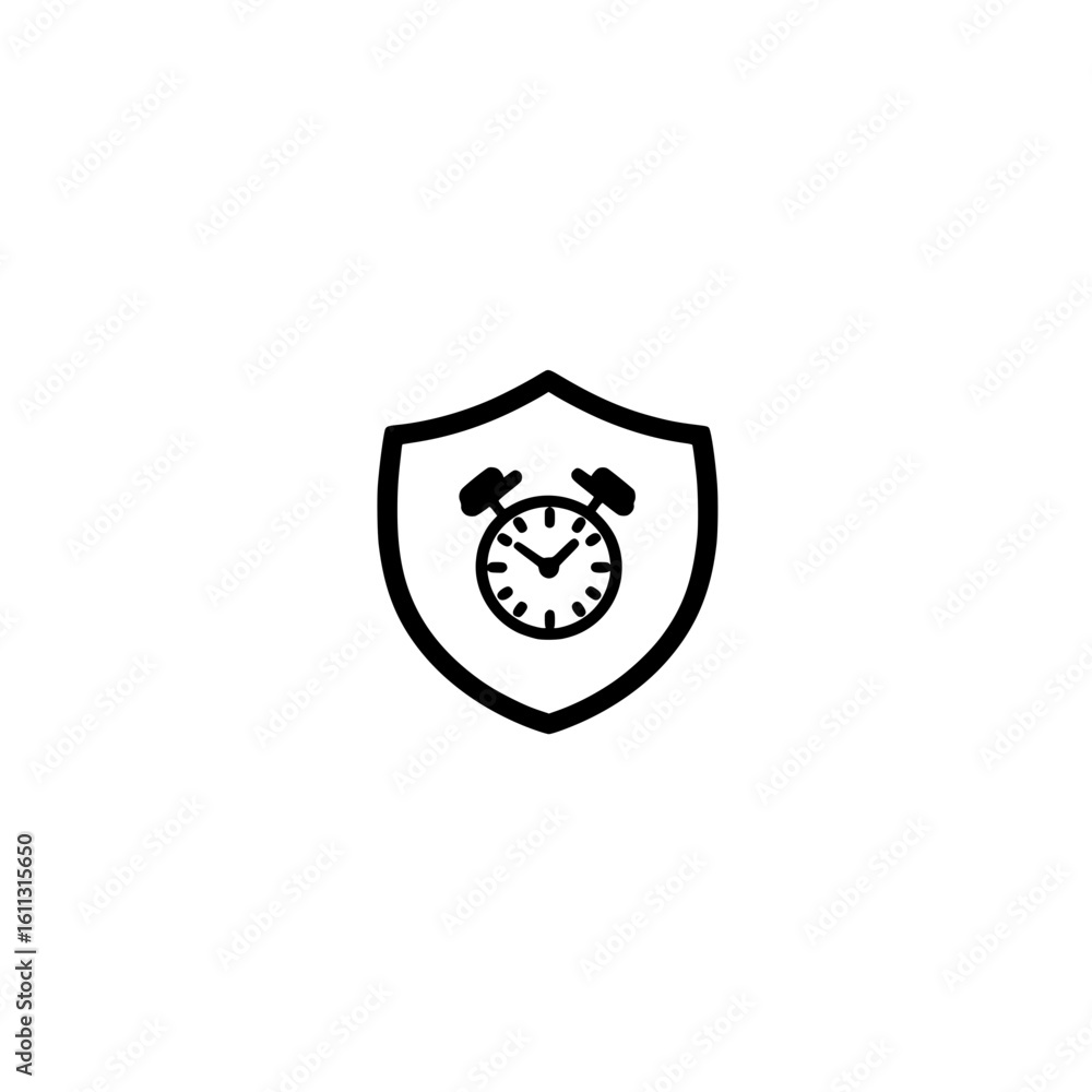 Poster shield with clock icon symbolizing time security protection and reliable data safety concept