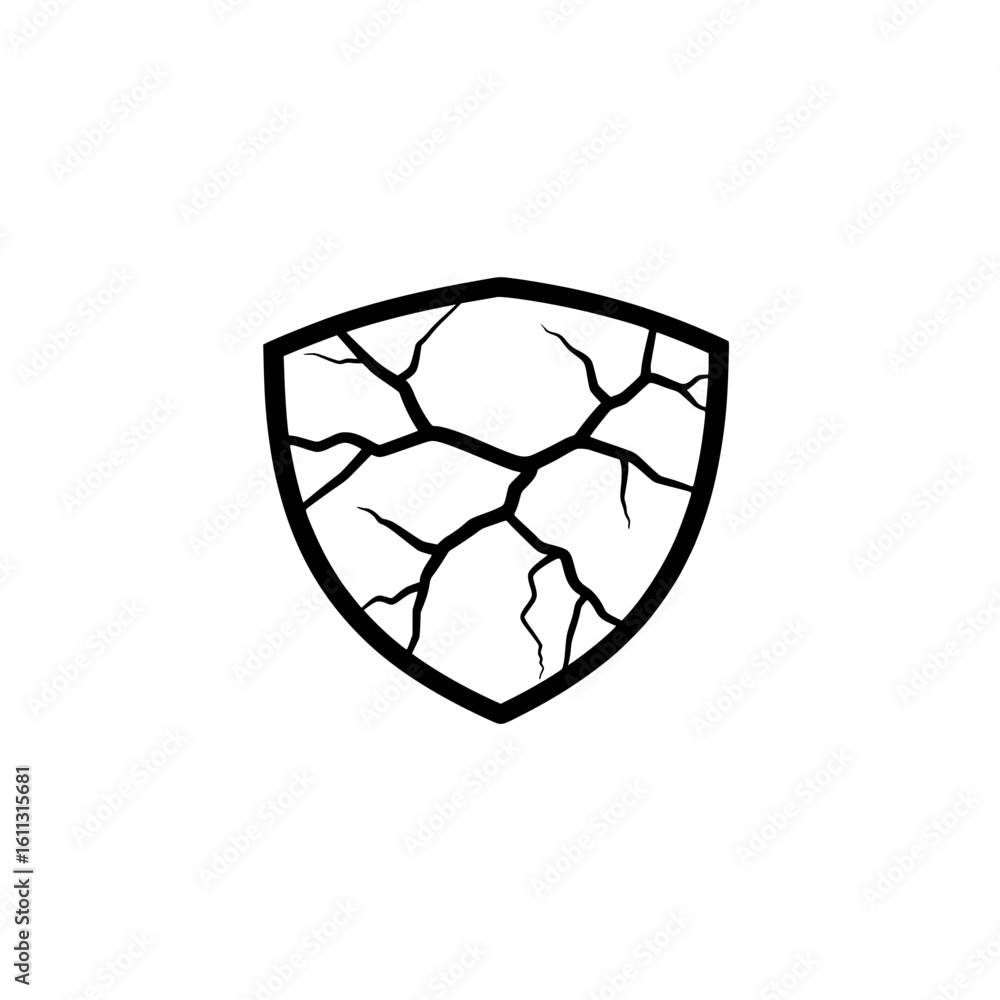 Poster cracked shield icon representing broken protection weak security and system vulnerability design