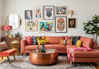 An eclectic bohemian living room featuring a terracotta sectional sofa adorned with vibrant pillows and artwork
