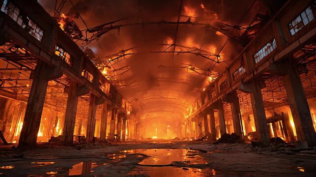 Fierce flames consume the interior of a large industrial warehouse, with the entire structure engulfed in fire and smoke, highlighting a catastrophic factory blaze and severe destruction.