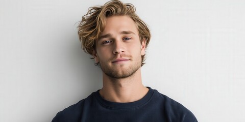 Confident Young Man with Stylish Hair Posing Against a Neutral Background