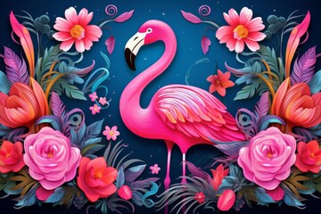 Obraz premium Pink flamingo standing among colorful flowers and tropical leaves on a dark blue background, paper cut style illustration