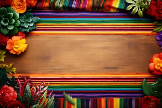 Vibrant mexican themed background featuring a rustic wooden surface framed by colorful serape blankets and paper flowers, creating a festive and cultural backdrop