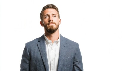 Confident Businessman in a Suit with a Serious Expression Against a White Background