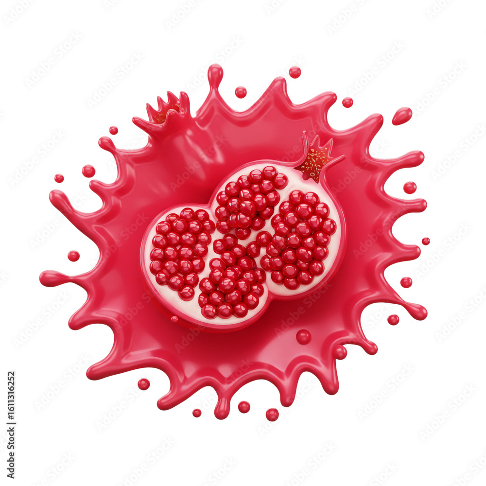 Poster a vibrant rendering of a halved pomegranate bursting with juice and seeds creating a dynamic splash 