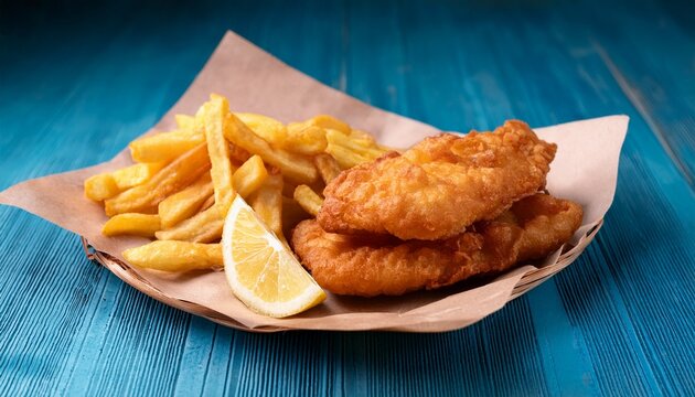 crispy battered fish and chips with lemon wedge a classic takeaway meal concept of comfort food fast food and british cuisine