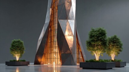 Modern Architectural Tower with Geometric Copper Panels Surrounded by Green Trees Indoor
