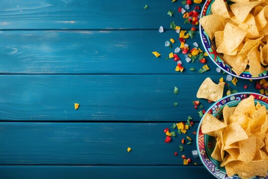 Tortilla chips in colorful bowls seasoned with vibrant spices on a textured blue wooden table create a tempting snack setting