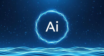 Abstract AI Technology: Glowing Circular Waves, Futuristic Digital Concept, Blue Background