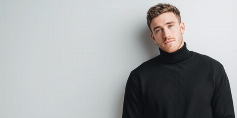 Stylish Young Man in Black Turtleneck Sweater Posing Against a Light Background