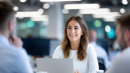 A young woman smiling and engaging in conversation with two colleagues in a modern office setting.
