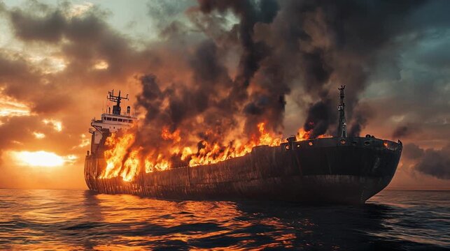A large cargo ship engulfed in massive flames drifts across the ocean at sunset. Thick black smoke rises into the sky as the intense fire consumes the vessel completely.