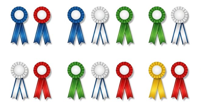 Colorful Award Ribbons: Set of Twelve Blank Rosettes, Red, Blue, Green, White, and Yellow.
