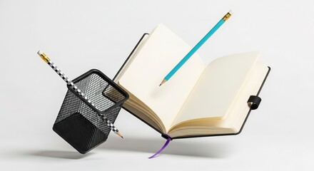 Blank Notebook, Pencils, and Mesh Holder: Creative Stationery Mockup, Minimalist Style,  Clean and Modern Design.