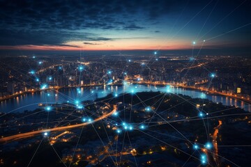 Aerial view of a smart city at dusk, showcasing interconnected buildings and infrastructure through a futuristic network, symbolizing technological advancement and urban innovation