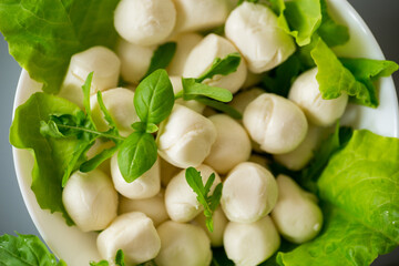 Still life with mozzarella, herbs and grey kitchen background