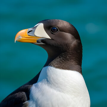 Portrait of razorbill - Alca torda - on blue - green background. Photo from Hornoya Island in Norway.