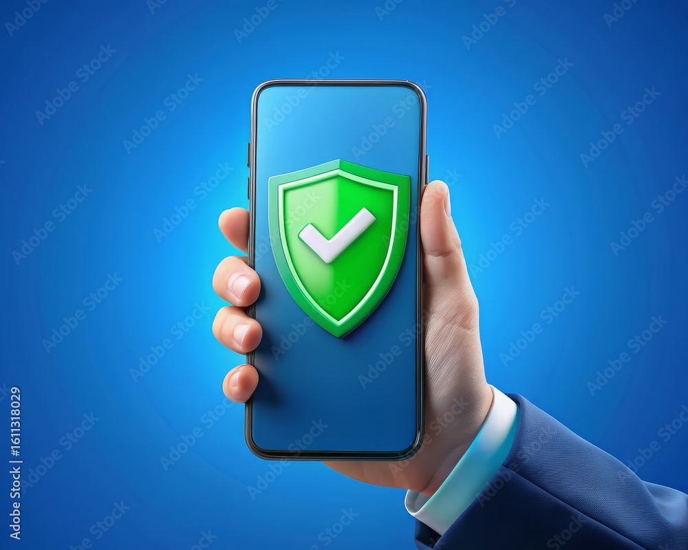 Poster cybersecurity concept showing smartphone with shield and padlock, mobile data protection, secure app
