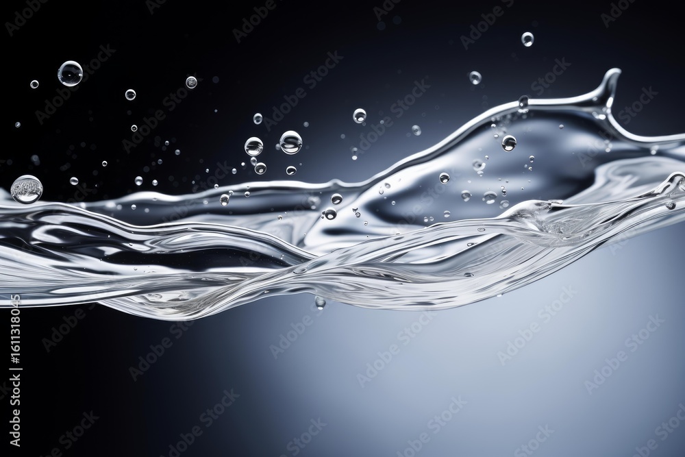 Poster refreshing water surface splashing with bubbles on a gradient background, creating a sense of purity