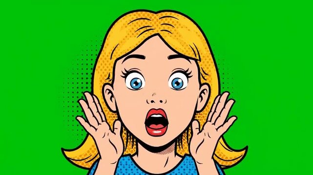 Animated woman in pop art style with shocked expression green background
