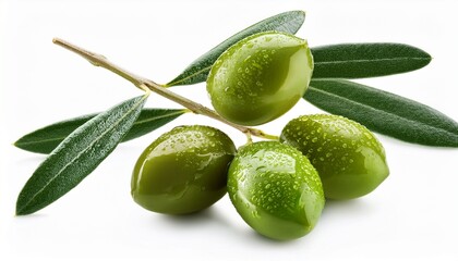 Obraz premium four dewy green olives on a branch with leaves isolated on white