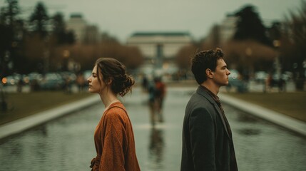 The Parting: Capturing a poignant moment of emotional distance, a man and woman stand back-to-back, creating a compelling tableau of separation.