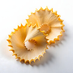 Two delicate yellow pencil shavings curled into abstract spiral shapes, isolated on a white background