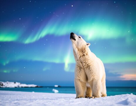 A majestic polar bear sits gracefully in the soft, white snow, gazing up in wonder at the vibrant, swirling colors of the aurora borealis above. - Powered by Adobe