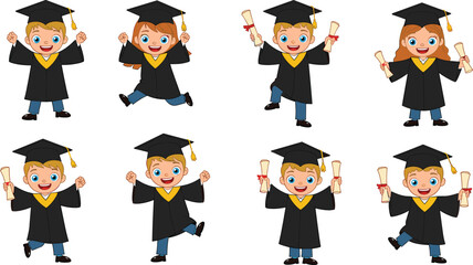 Cartoon children in graduation gown, holding diplomas, smiling, joyful school completion, educational success, celebration moment, vector drawing illustration